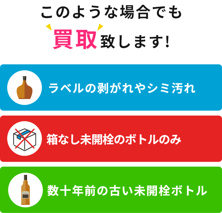 このような場合でも買取致します!ラベルの剥がれやシミ汚れ、箱なし未開栓のボトルのみ、数十年前の古い未開栓ボトル