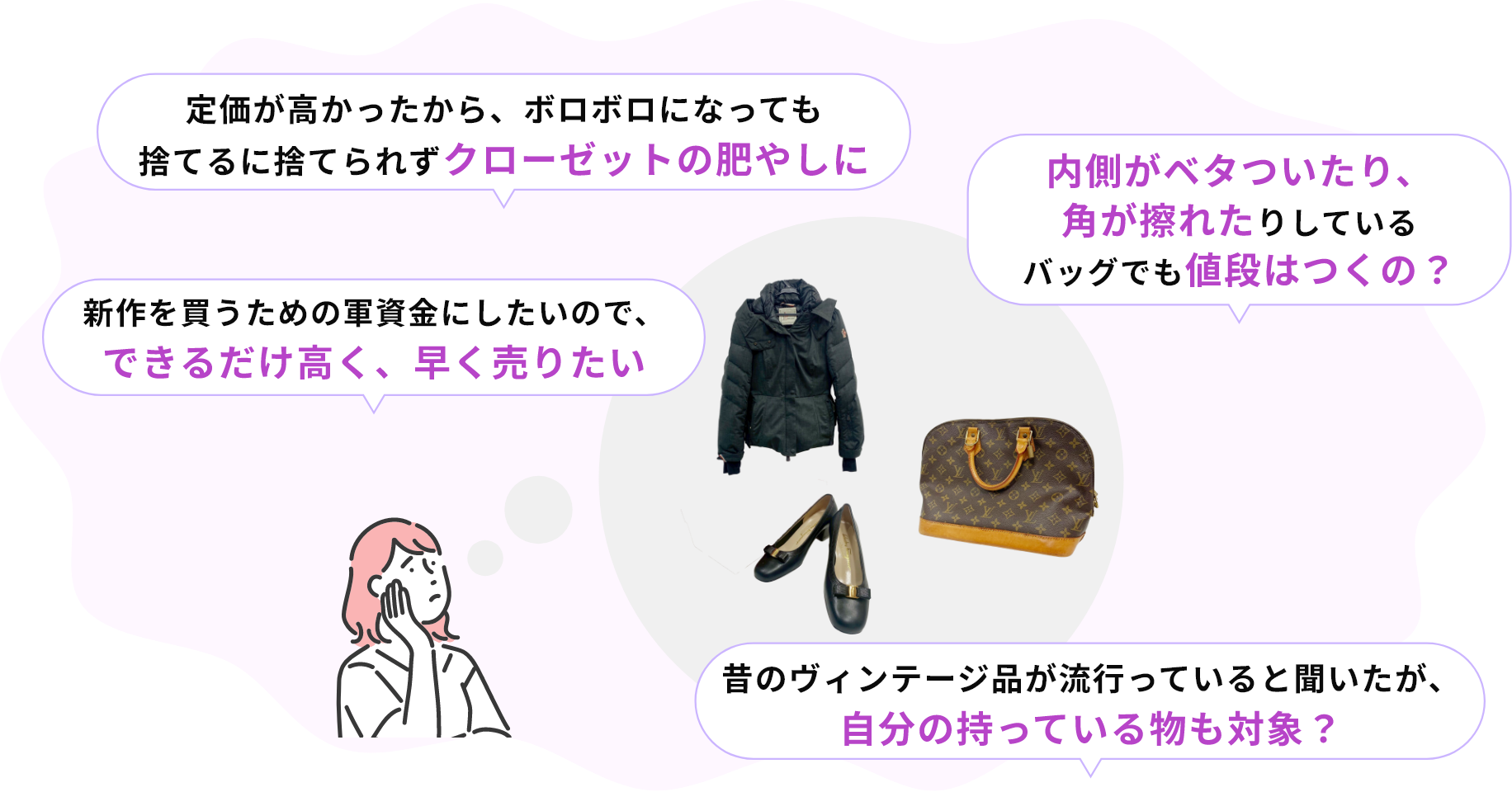 ・定価が高かったから、ボロボロになっても捨てるに捨てられずクローゼットの肥やしに・内側がベタついたり、角が擦れたりしているバッグでも値段はつくの?・新作を買うための軍資金にしたいので、できるだけ高く、早く売りたい・昔のヴィンテージ品が流行っていると聞いたが、自分の持っている物も対象?