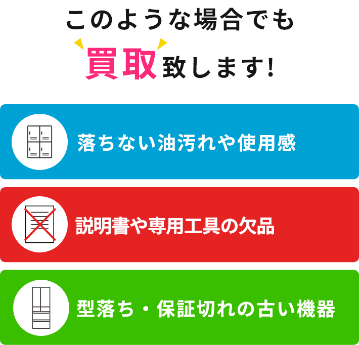 このような場合でも買取致します!落ちない油汚れや使用感、説明書や専用工具の欠品、型落ち・保証切れの古い機器