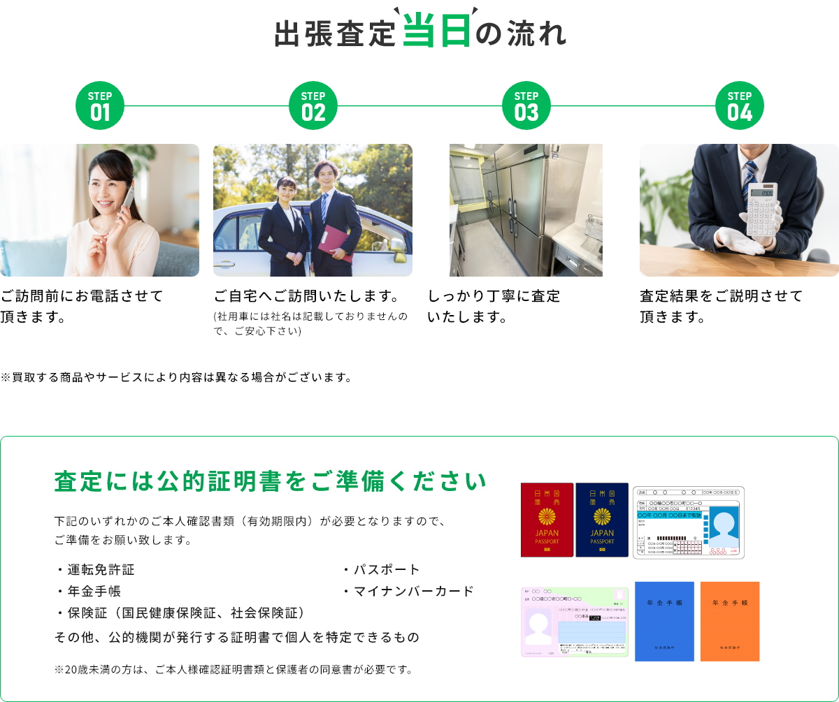 STEP01 ご訪問前にお電話させて頂きます。 STEP02 ご自宅へご訪問いたします。(社用車には社名は記載しておりませんので、ご安心下さい) STEP03 しっかり丁寧に査定いたします。 STEP04 査定結果をご説明させて頂きます。 ※買取する商品やサービスにより内容は異なる場合がございます。 査定には公的証明書をご準備ください 下記のいずれかのご本人確認書類（有効期限内）が必要となりますので、ご準備をお願い致します。・運転免許証・年金手帳・保険証（国民健康保険証、社会保険証）・パスポート・マイナンバーカード その他、公的機関が発行する証明書で個人を特定できるもの ※20歳未満の方は、ご本人様確認証明書類と保護者の同伴が必要です。