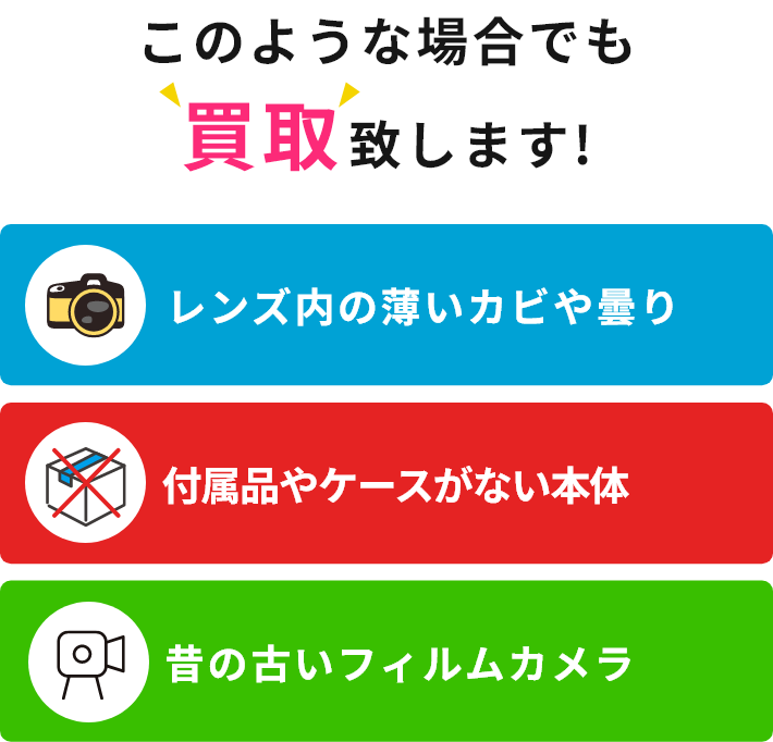 このような場合でも買取致します!レンズ内の薄いカビや曇り、付属品やケースがない本体、昔の古いフィルムカメラ