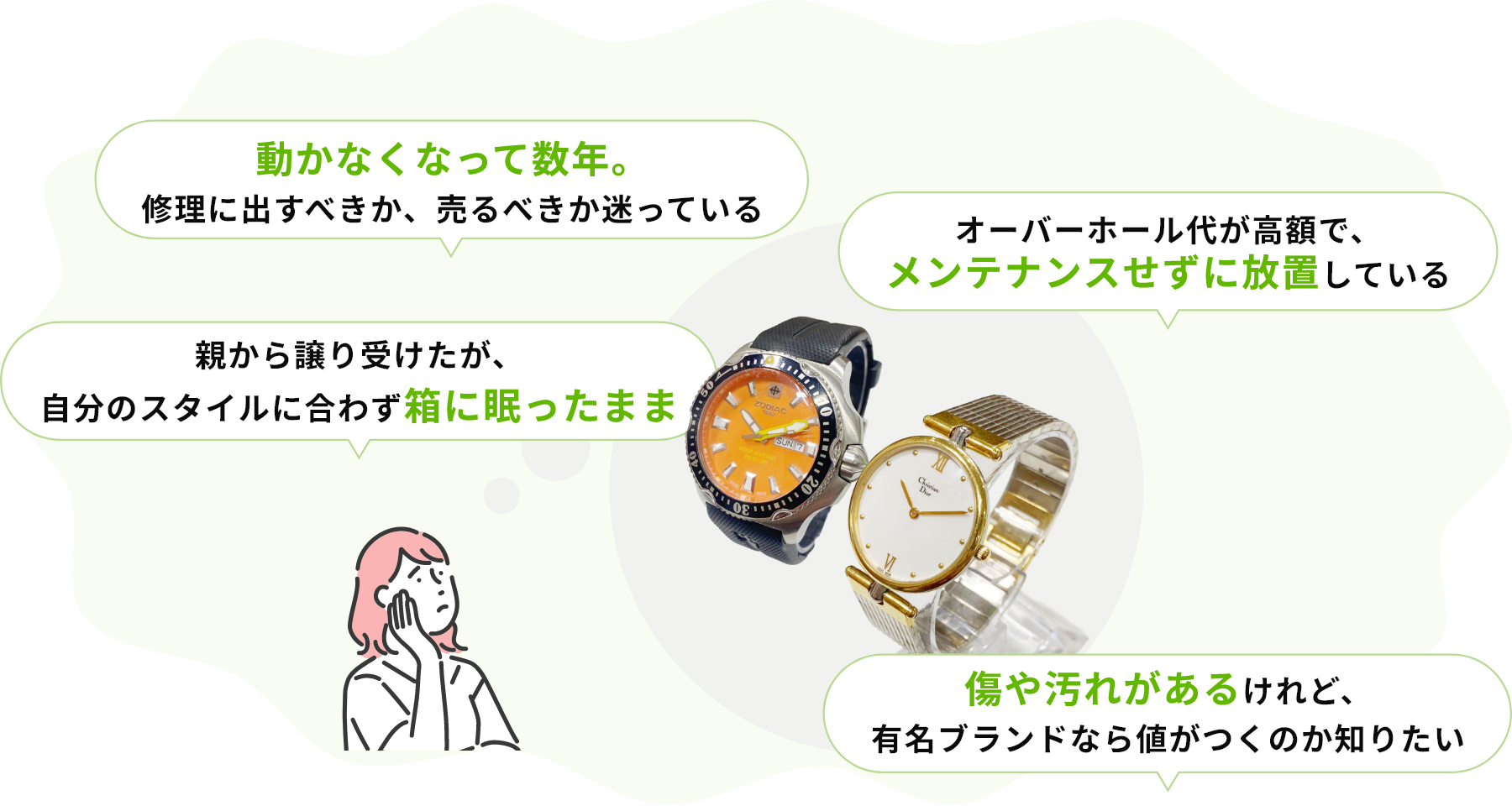 ・動かなくなって数年。修理に出すべきか、売るべきか迷っている・オーバーホール代が高額で、メンテナンスせずに放置している・親から譲り受けたが、自分のスタイルに合わず箱に眠ったまま・傷や汚れがあるけれど、有名ブランドなら値がつくのか知りたい