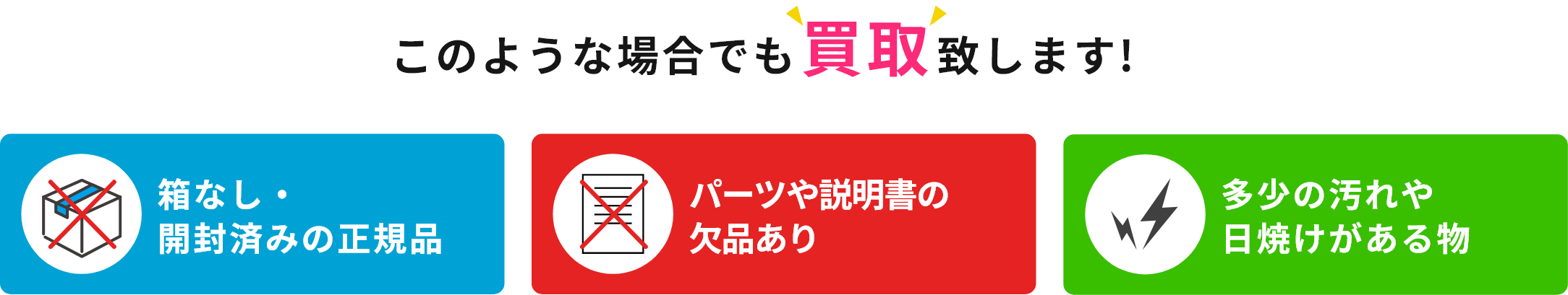 このような場合でも買取致します!箱なし・開封済みの正規品、パーツや説明書の欠品あり、多少の汚れや日焼けがある物