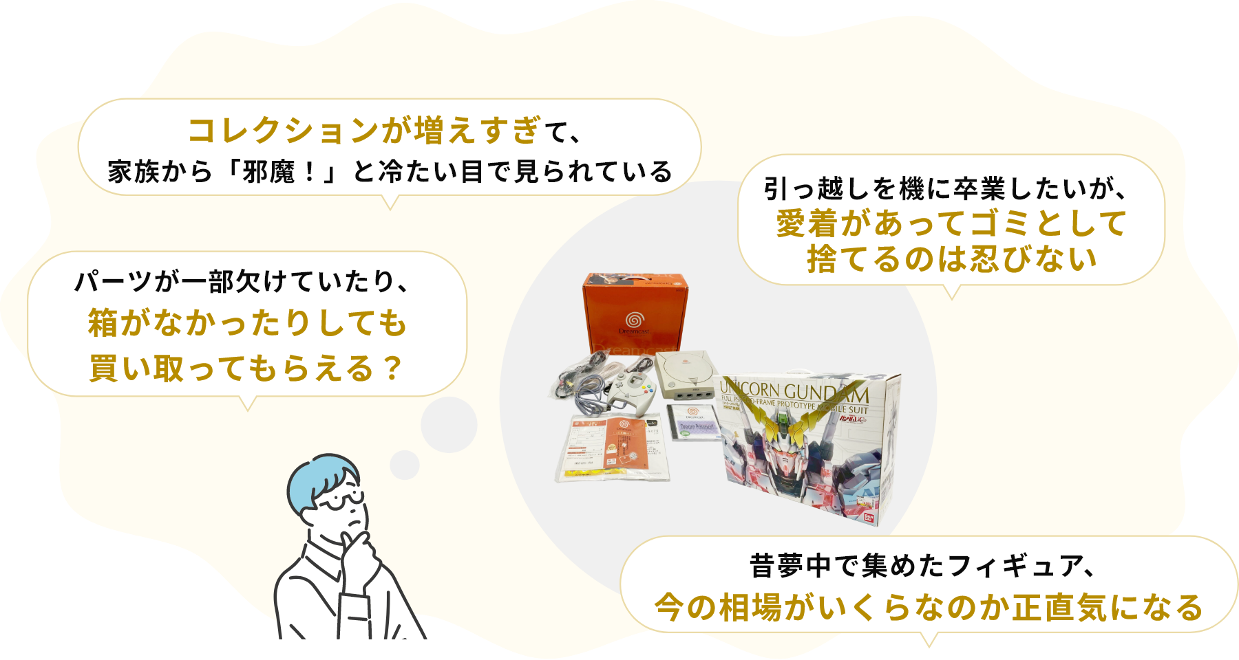 ・コレクションが増えすぎて、家族から「邪魔!」と冷たい目で見られている・引っ越しを機に卒業したいが、愛着があってゴミとして捨てるのは忍びない・パーツが一部欠けていたり、箱がなかったりしても買い取ってもらえる?・昔夢中で集めたフィギュア、今の相場がいくらなのか正直気になる