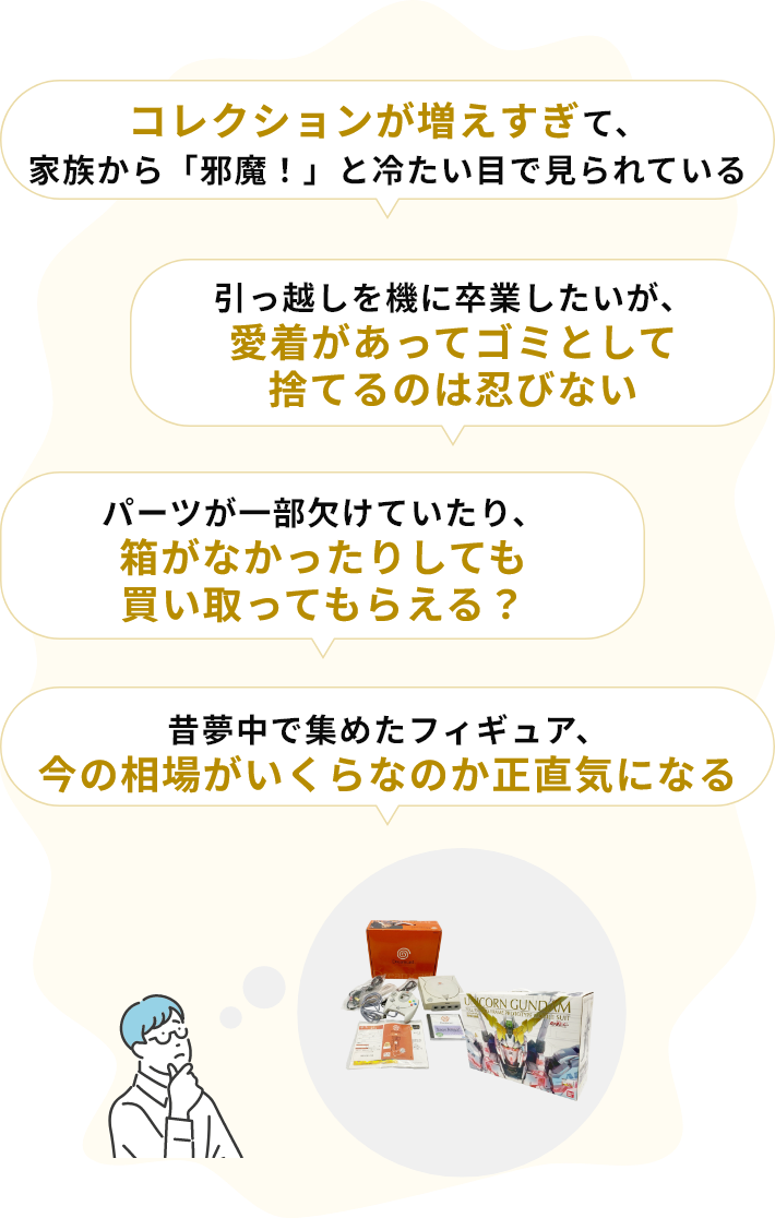 ・コレクションが増えすぎて、家族から「邪魔！」と冷たい目で見られている・引っ越しを機に卒業したいが、愛着があってゴミとして捨てるのは忍びない・パーツが一部欠けていたり、箱がなかったりしても買い取ってもらえる？・昔夢中で集めたフィギュア、今の相場がいくらなのか正直気になる