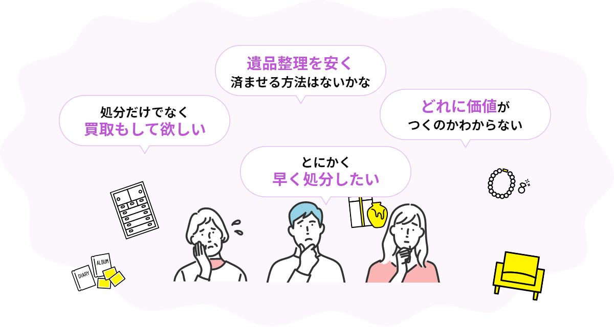 処分だけでなく買取もして欲しい、遺品整理を安く済ませる方法はないかな、どれに価値がつくのかわからない、とにかく早く処分したい