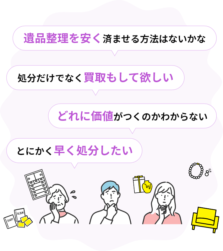 処分だけでなく買取もして欲しい、遺品整理を安く済ませる方法はないかな、どれに価値がつくのかわからない、とにかく早く処分したい