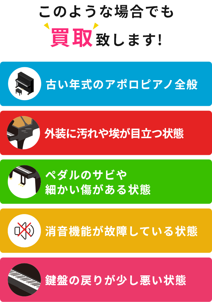 このような場合でも買取致します!・古い年式のアポロピアノ全般・外装に汚れや埃が目立つ状態・ペダルのサビや細かい傷がある状態・消音機能が故障している状態・鍵盤の戻りが少し悪い状態