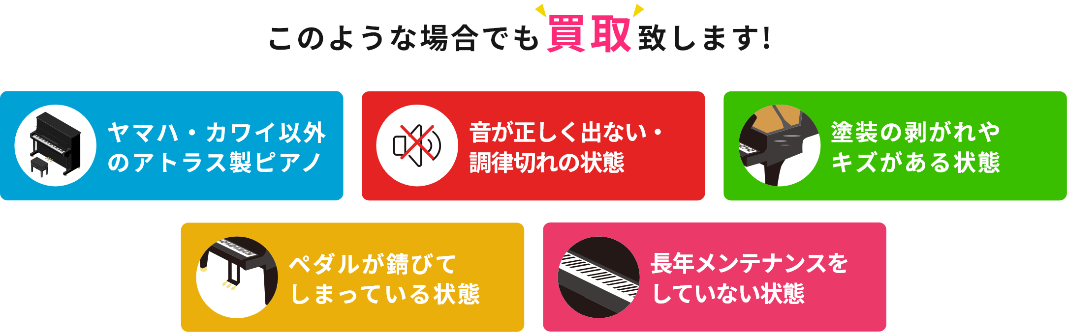 このような場合でも買取致します!・ヤマハ・カワイ以外のアトラス製ピアノ・音が正しく出ない・調律切れの状態・塗装の剥がれやキズがある状態・ペダルが錆びてしまっている状態・長年メンテナンスをしていない状態