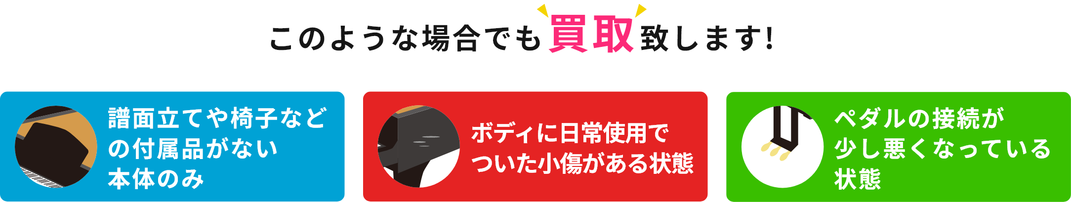 このような場合でも買取致します!・譜面立てや椅子などの付属品がない本体のみ・ボディに日常使用でついた小傷がある状態・ペダルの接続が少し悪くなっている状態