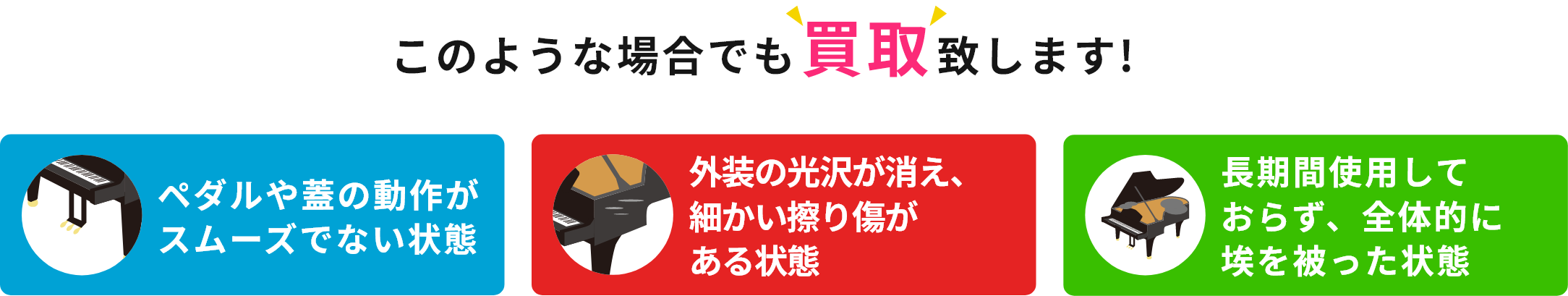 このような場合でも買取致します!・ペダルや蓋の動作がスムーズでない状態・外装の光沢が消え、細かい擦り傷がある状態・長期間使用しておらず、全体的に埃を被った状態