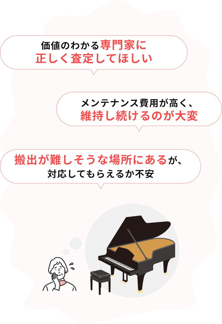 ・価値のわかる専門家に正しく査定してほしい・メンテナンス費用が高く、維持し続けるのが大変・搬出が難しそうな場所にあるが、対応してもらえるか不安