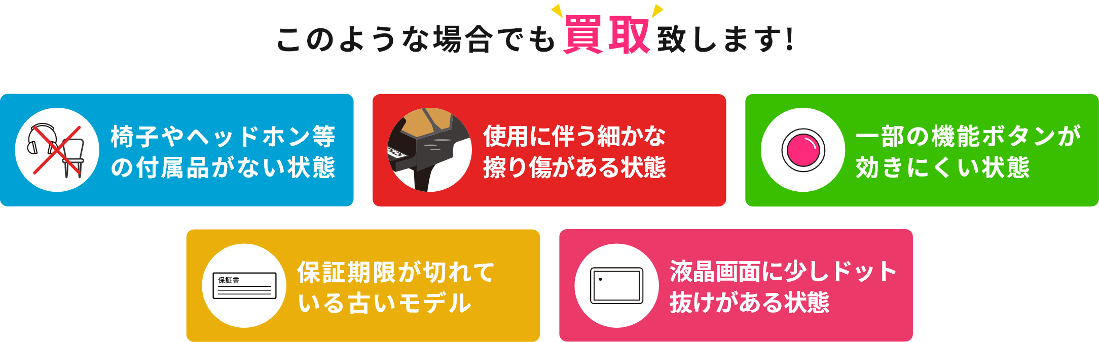 このような場合でも買取致します!・椅子やヘッドホン等の付属品がない状態・使用に伴う細かな擦り傷がある状態・一部の機能ボタンが効きにくい状態・保証期限が切れている古いモデル・液晶画面に少しドット抜けがある状態