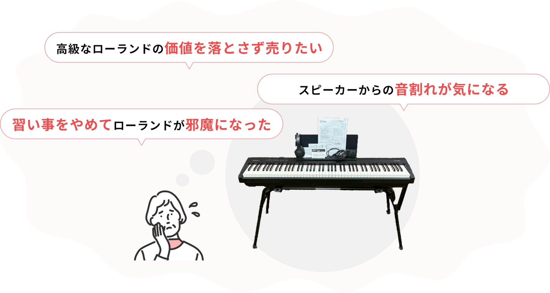 ・高級なローランドの価値を落とさず売りたい・スピーカーからの音割れが気になる・習い事をやめてローランドが邪魔になった