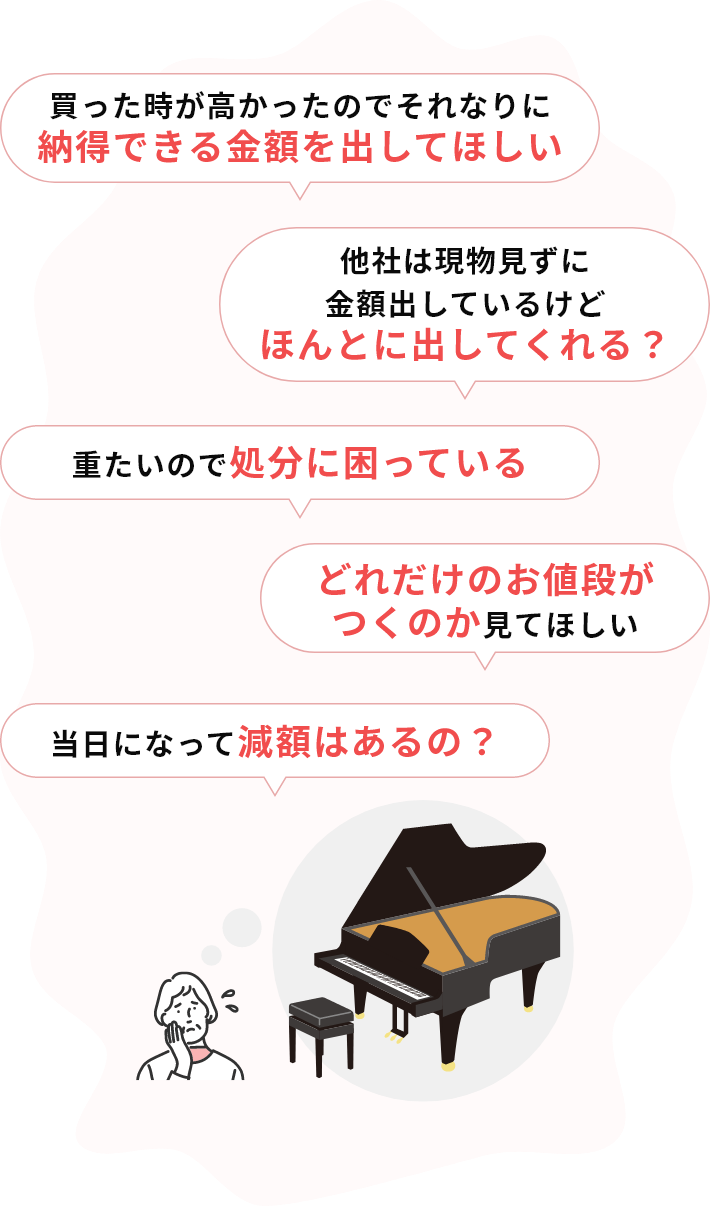 買った時が高かったのでそれなりに納得できる金額を出してほしい 重たいので処分に困っている どれだけのお値段がつくのか見てほしい 他社は現物見ずに金額出しているけどほんとに出してくれる？ 当日になって減額はあるの？