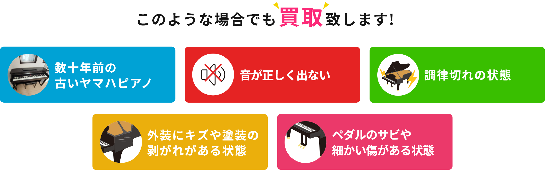 このような場合でも買取致します!・数十年前の古いヤマハピアノ・音が正しく出ない・調律切れの状態・外装にキズや塗装の剥がれがある状態・ペダルのサビや細かい傷がある状態