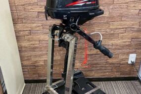 SUZUKI DF2 船外機の写真。黒色の本体に赤いFOUR STROKEの文字
